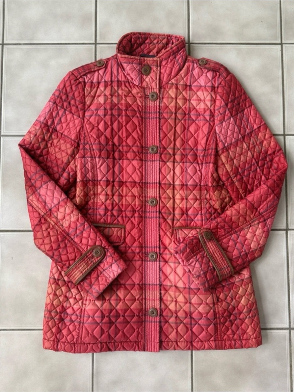 Lands' End Quilted Pink Plaid Puffer Jacket